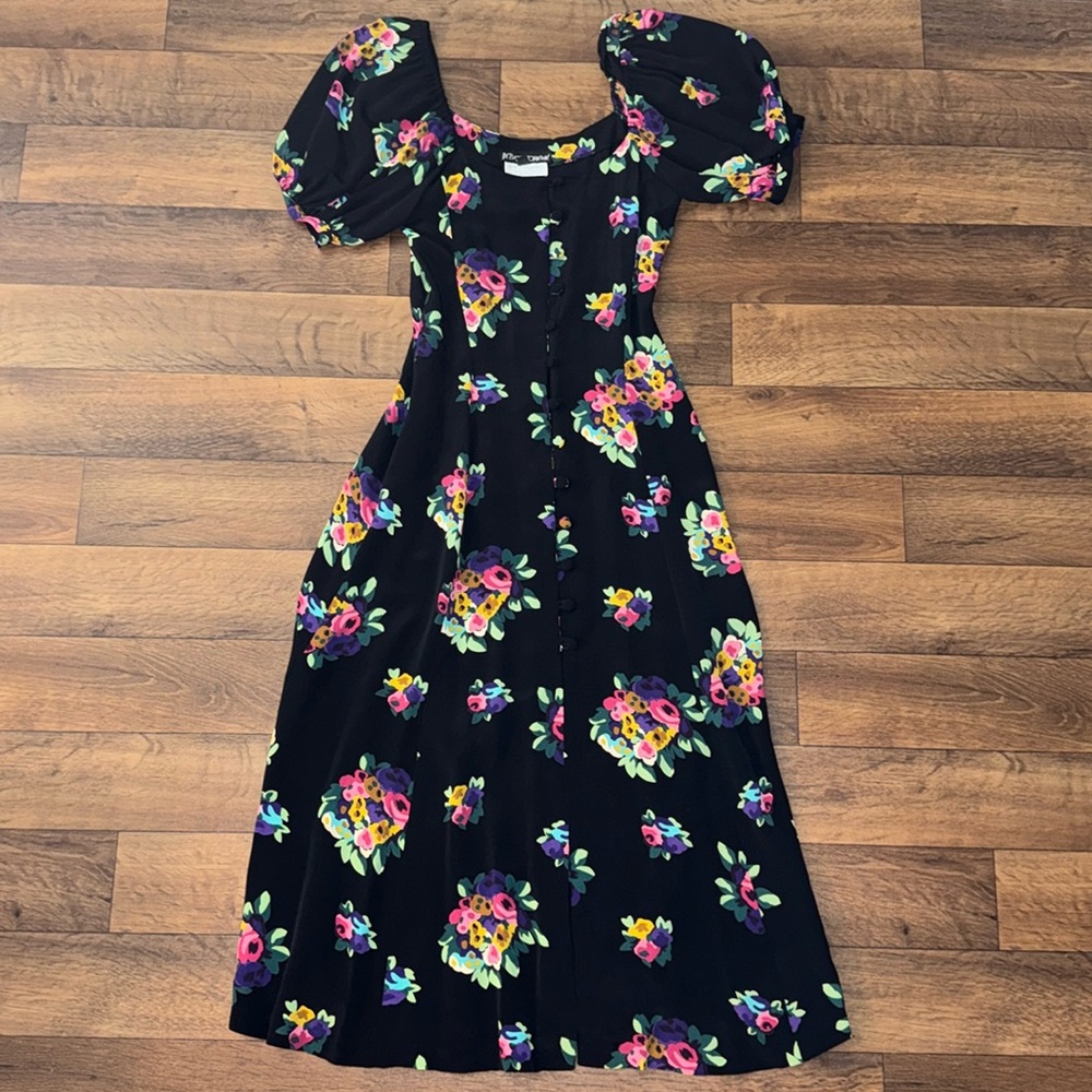 Betsey Johnson For Lew Magram Vintage Dress Size Small 90s Does 40s Puff Sleeve - Picture 1 of 16
